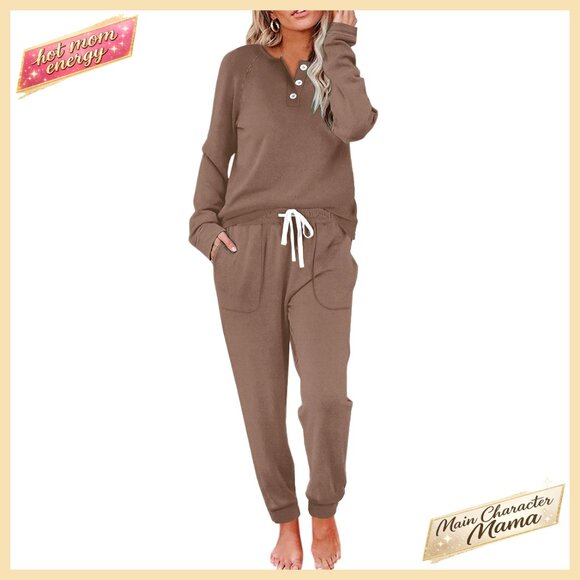 Women's Two Piece Lounge Set Button Down Sweatshirt Sweatpants with Pockets
